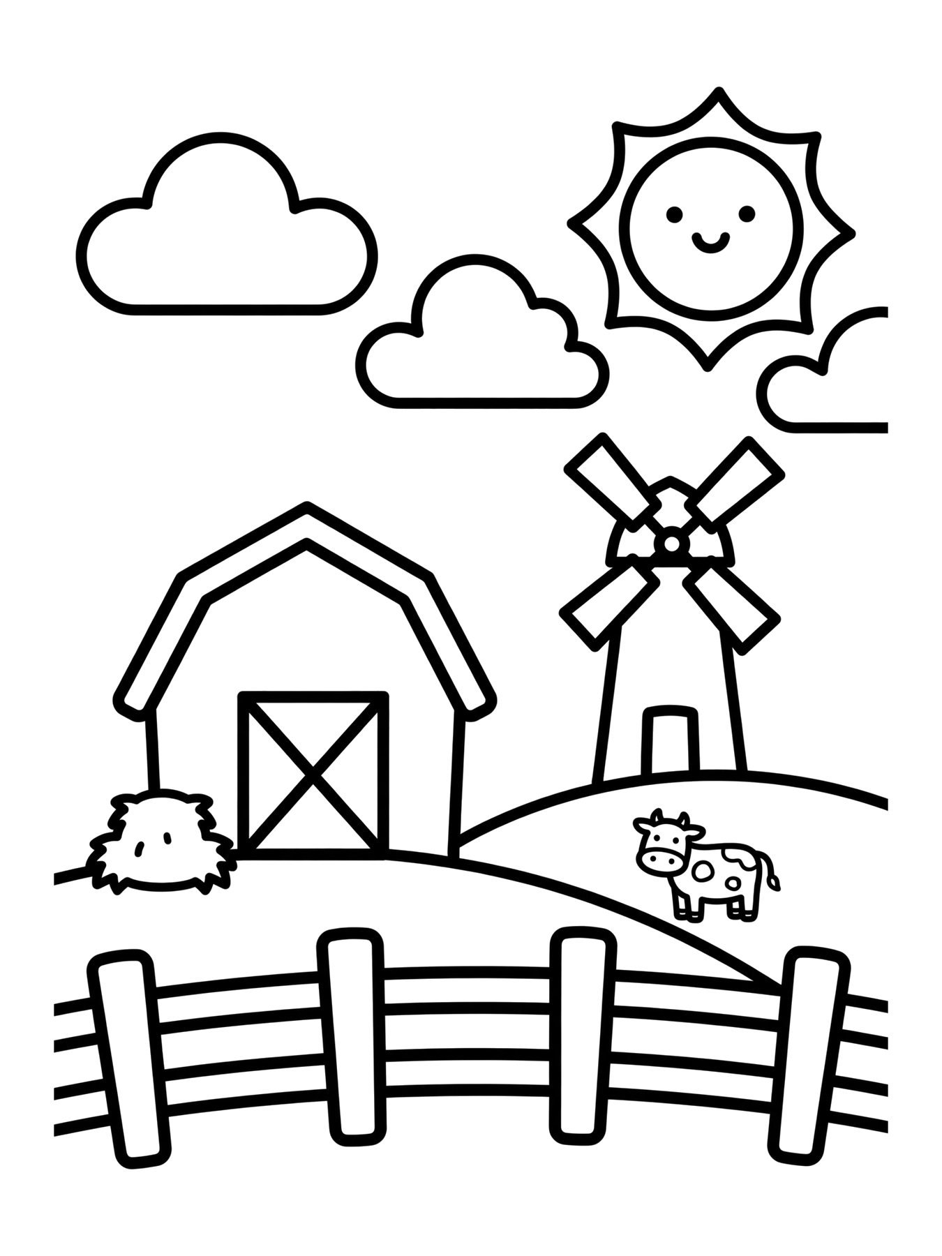 Desenho de fazenda com celeiro e moinho para colorir