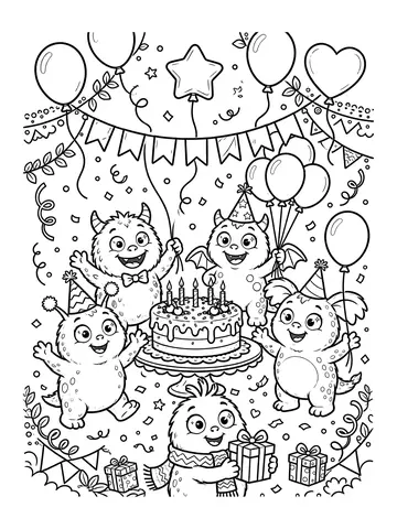 Desenho de festa de monstrinhos para colorir