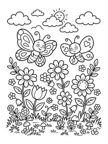 Desenho de flores com borboletas para colorir