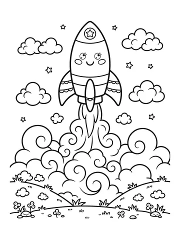 Desenho de foguete decolando com fumaça para colorir