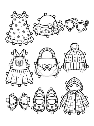 Desenho de folha de roupinhas e acessórios para paper duck para colorir