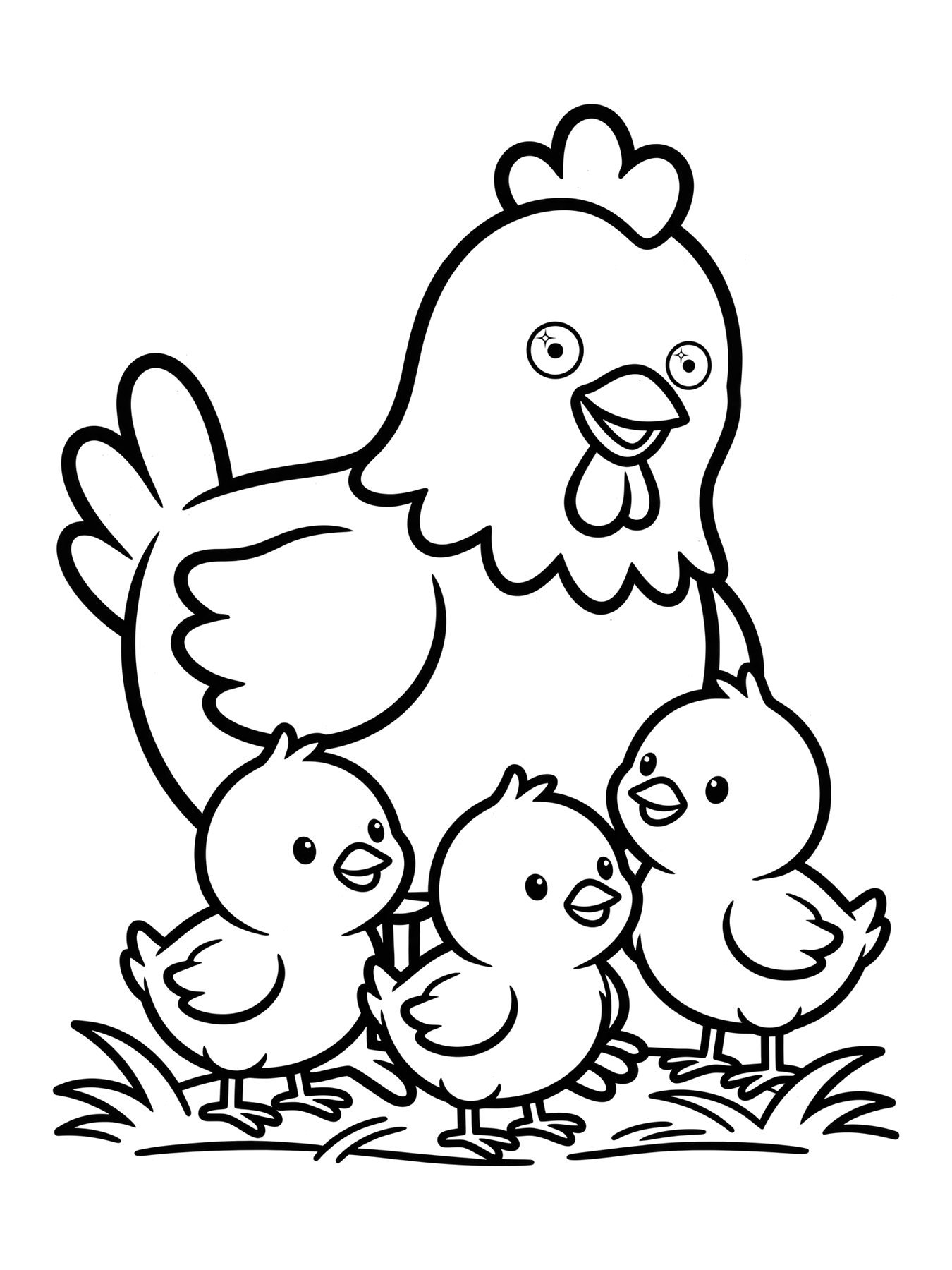 Desenho de galinha com pintinhos na fazenda para colorir
