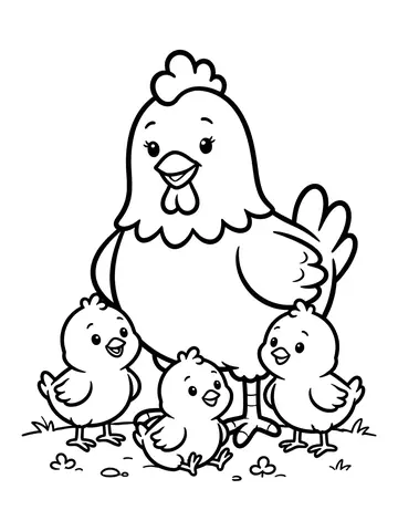 Desenho de galinha com pintinhos para colorir