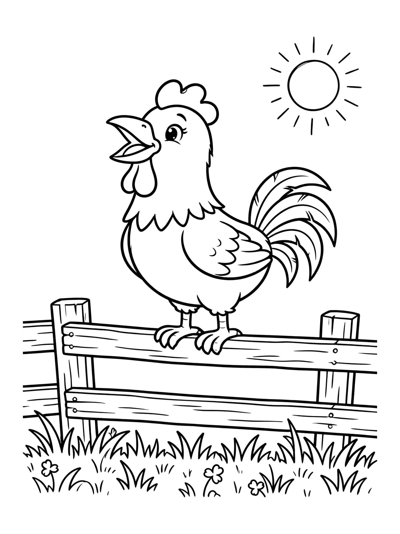 Desenho de galo cantando na cerca para colorir