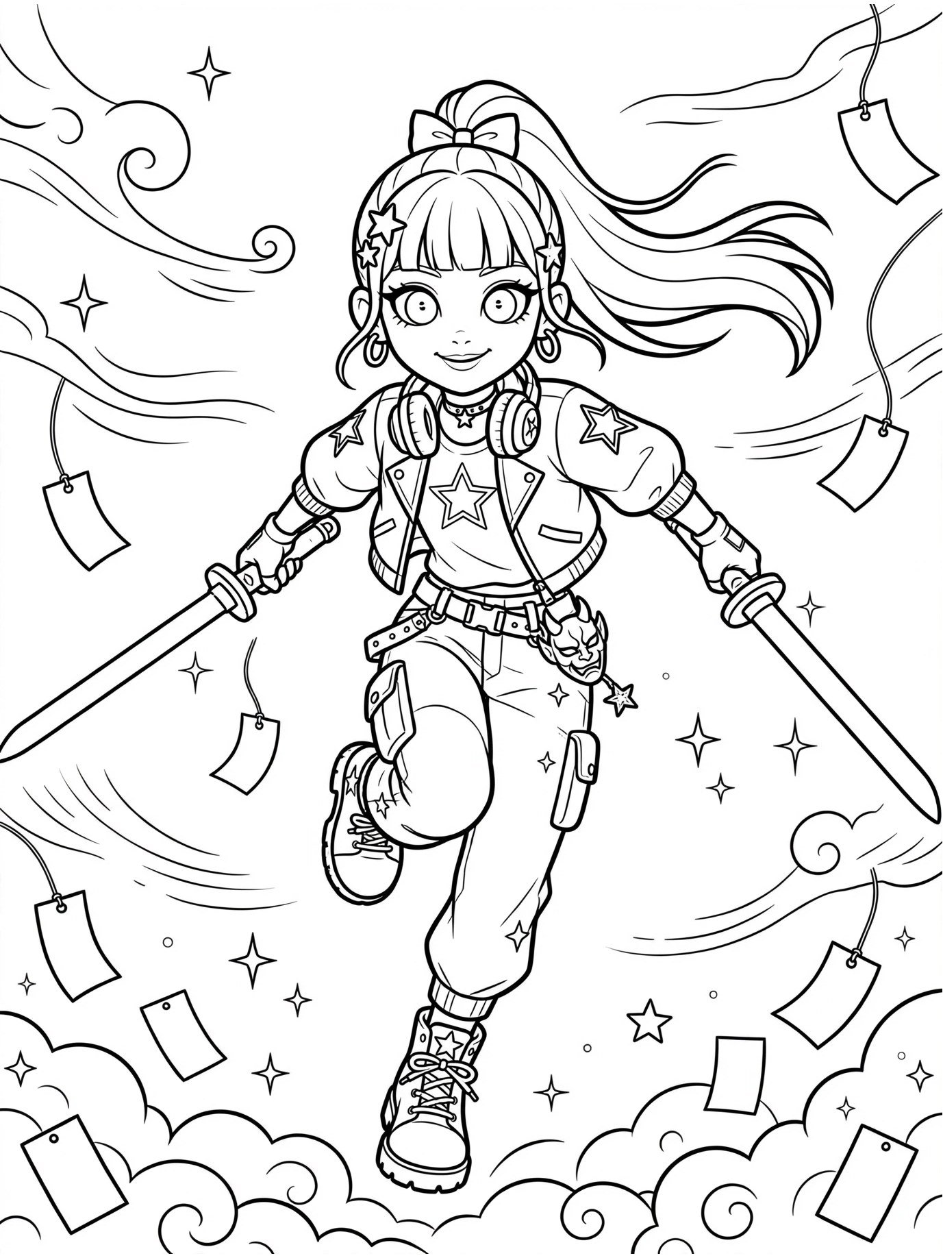 Desenho de Garota com espadas duplas para colorir