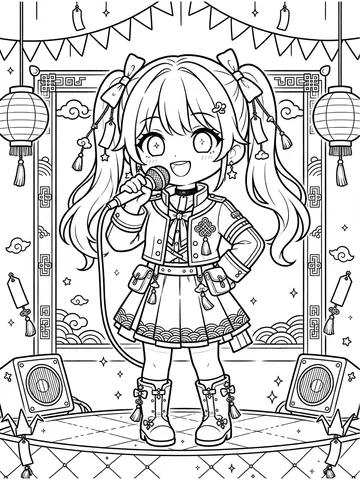Desenho de Garota com microfone dourado para colorir