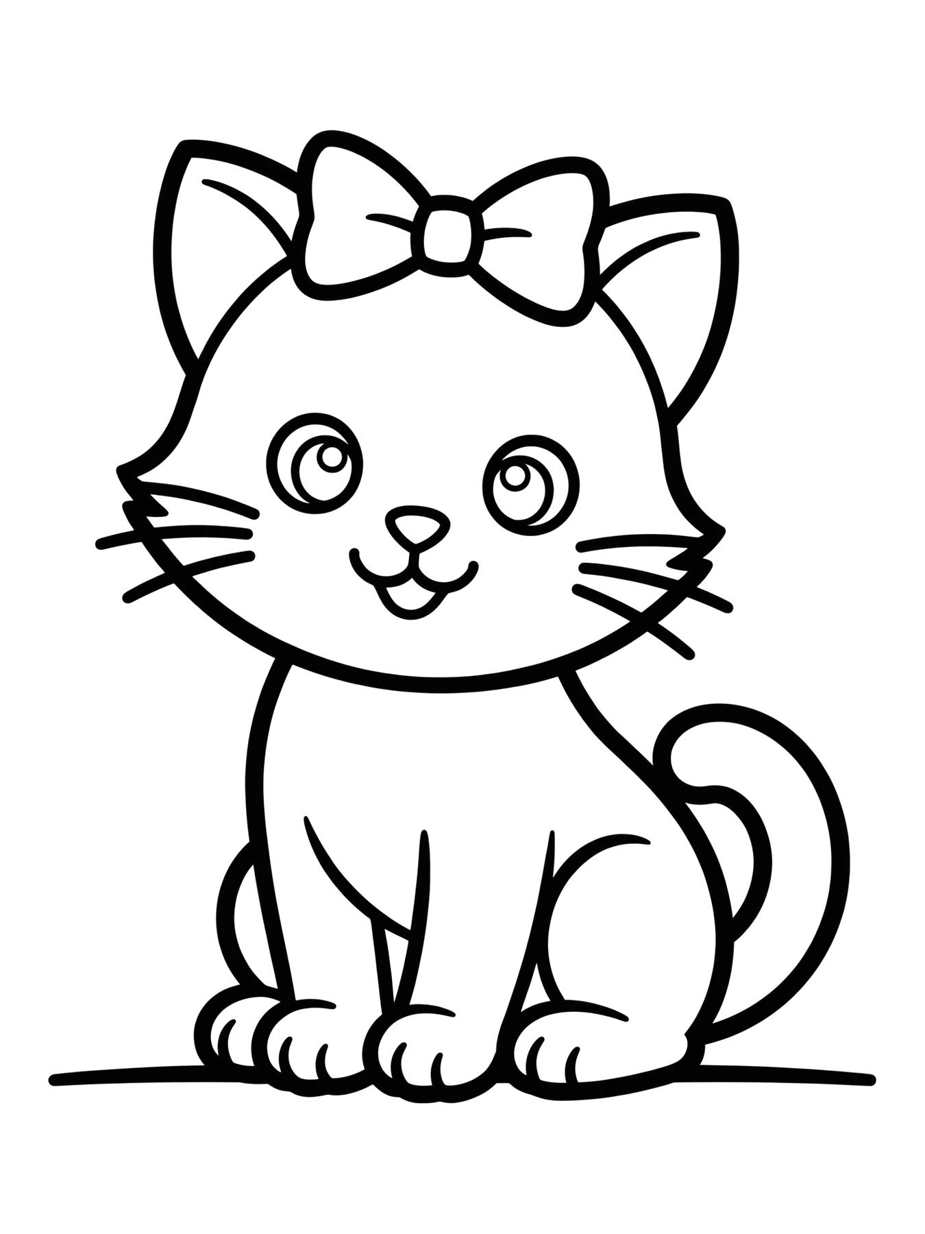 Desenho de gatinho fofo sentado com laço para colorir
