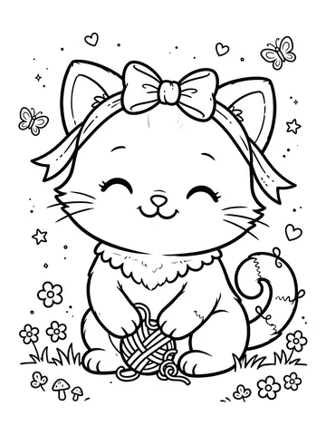 Desenho de gatinho kawaii com laço para colorir