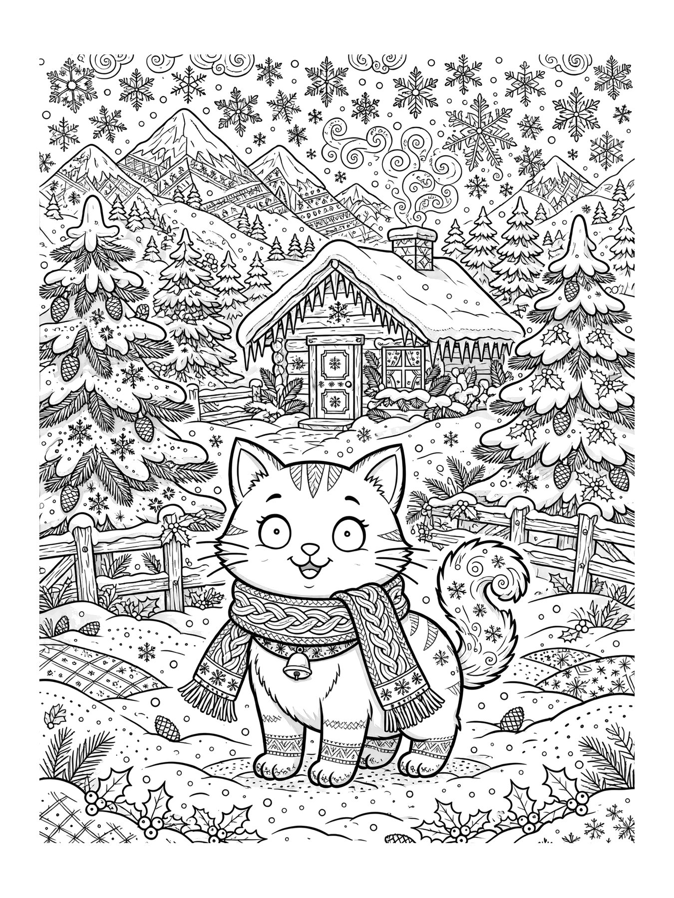 Desenho de gato com cachecol no inverno para colorir
