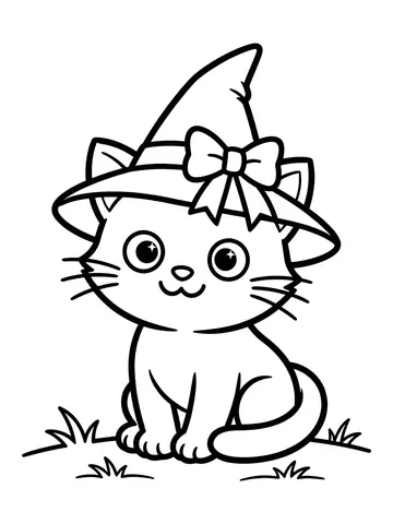Desenho de gato com chapéu de bruxa para colorir