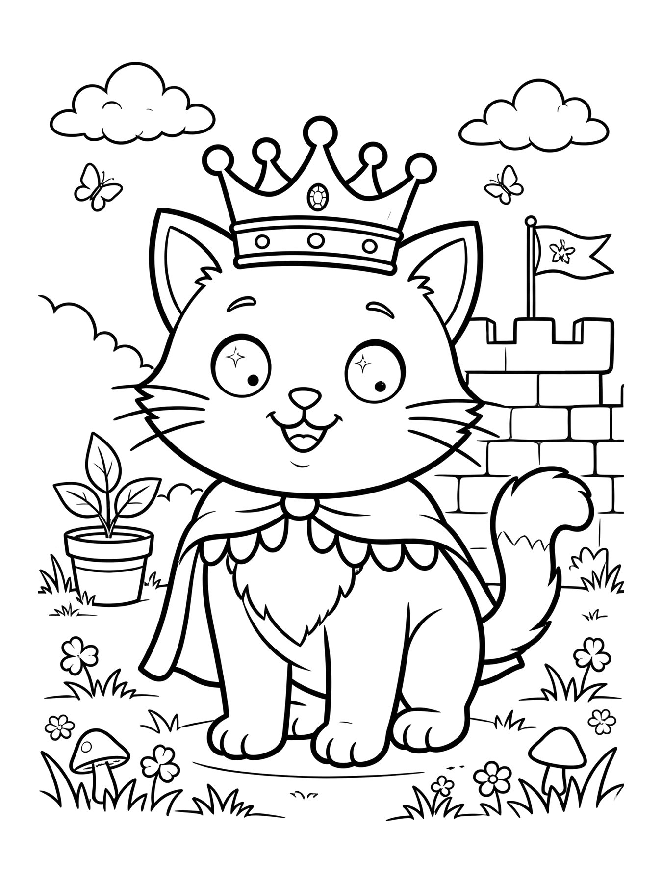 Desenho de gato com coroa de rei para colorir