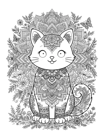 Desenho de gato com mandala de padrões para colorir