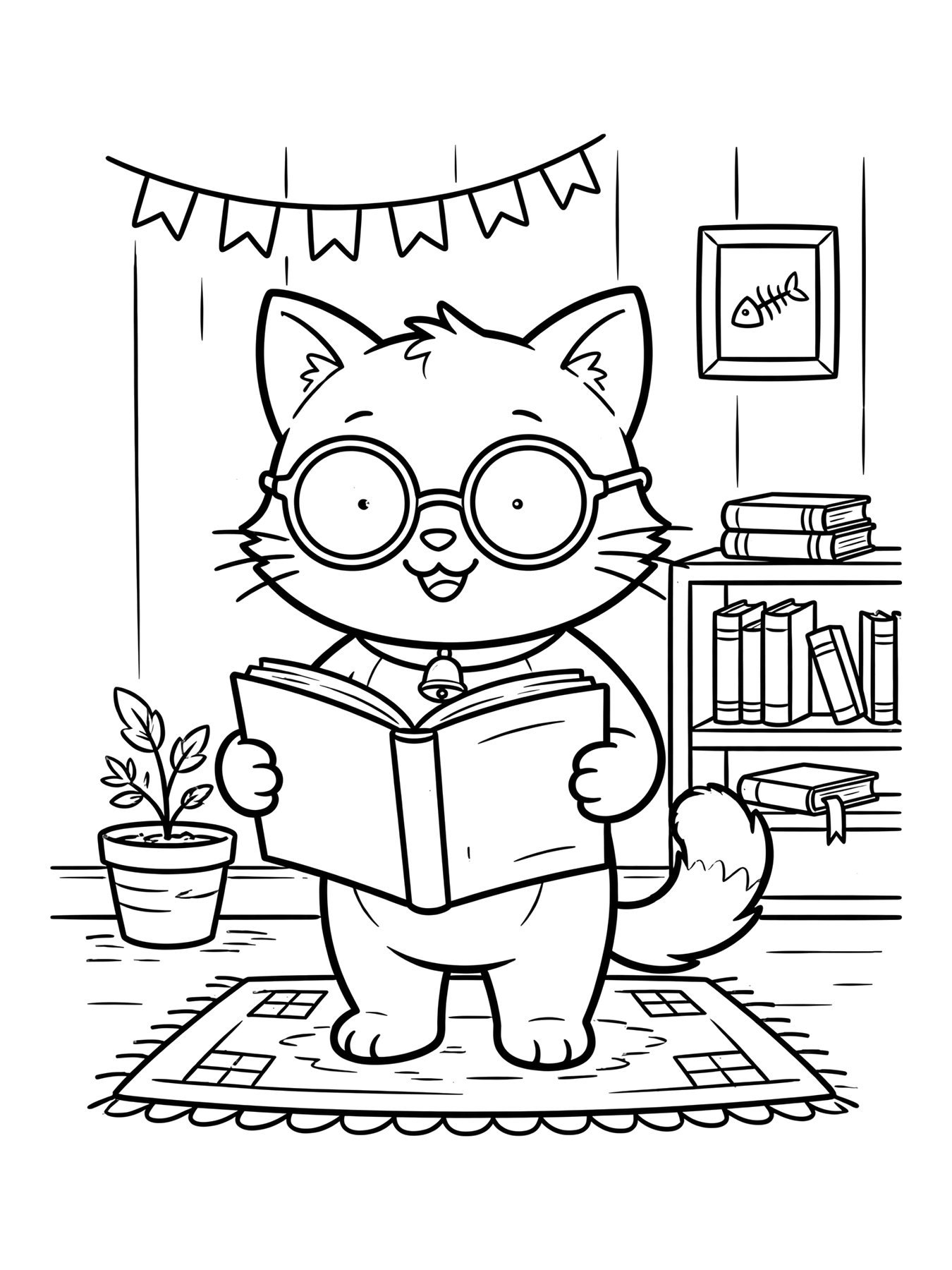 Desenho de gato com óculos e livro para colorir