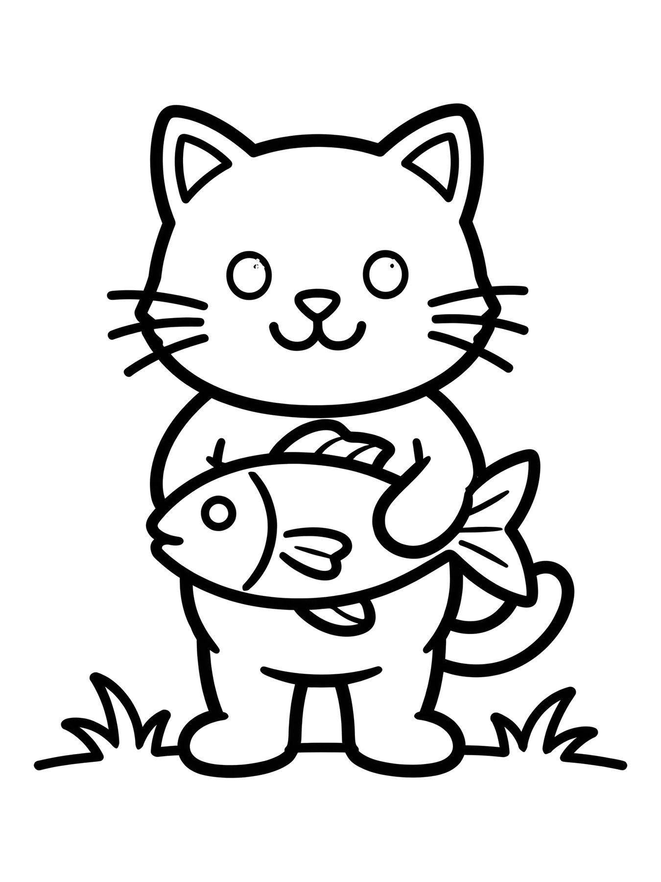 Desenho de gato com peixe para colorir