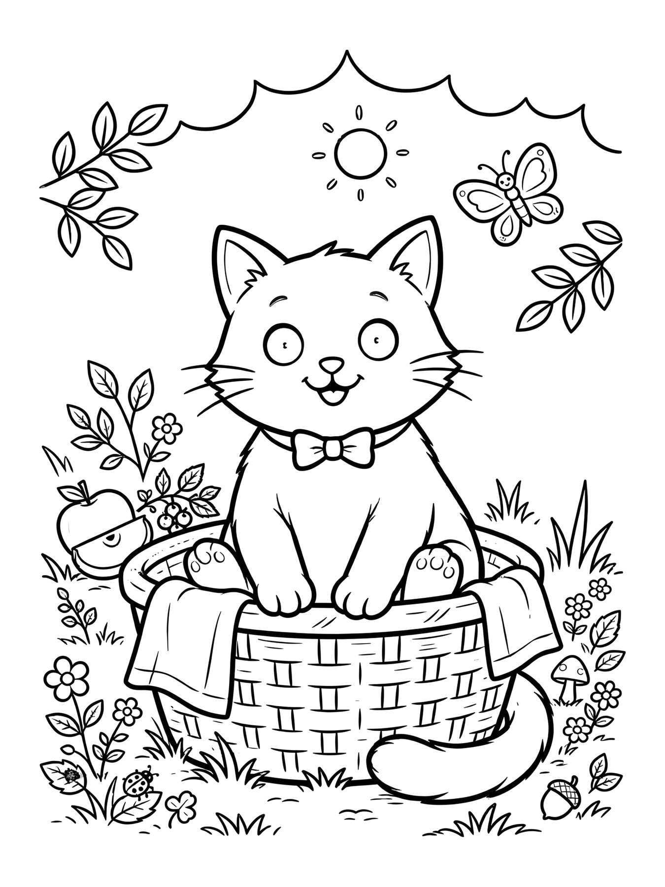 Desenho de gato na cesta de piquenique para colorir