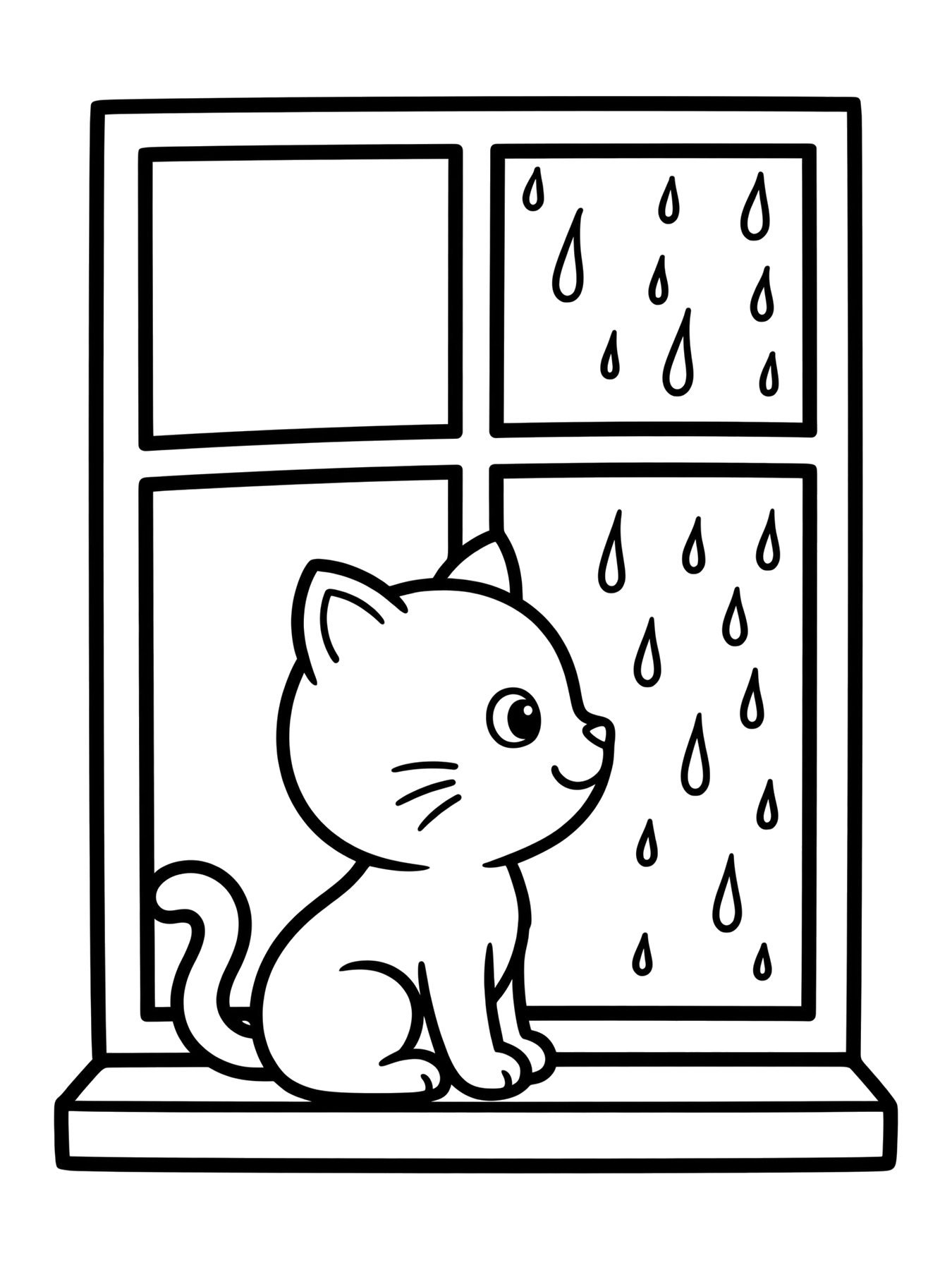 Desenho de gato na janela com chuva para colorir