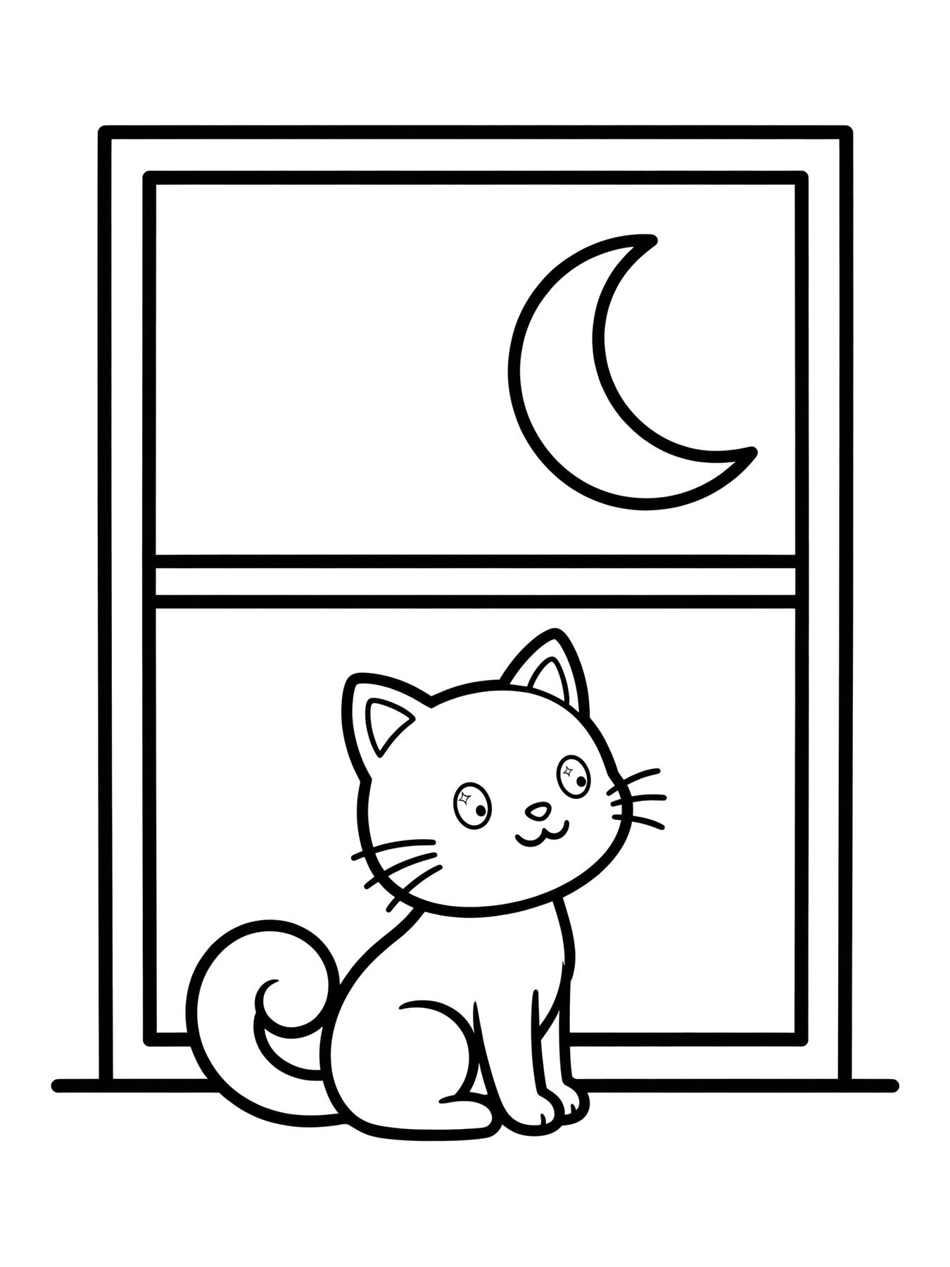 Desenho de gato na janela olhando a lua para colorir