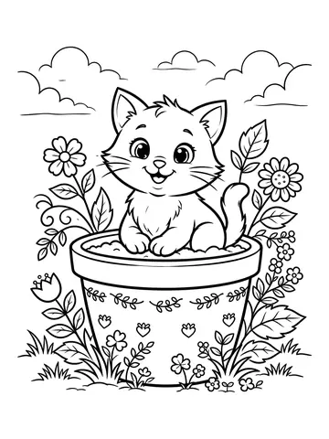 Desenho de gato no vaso de flores para colorir