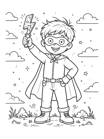 Desenho de herói original segurando um raio de brinquedo para colorir
