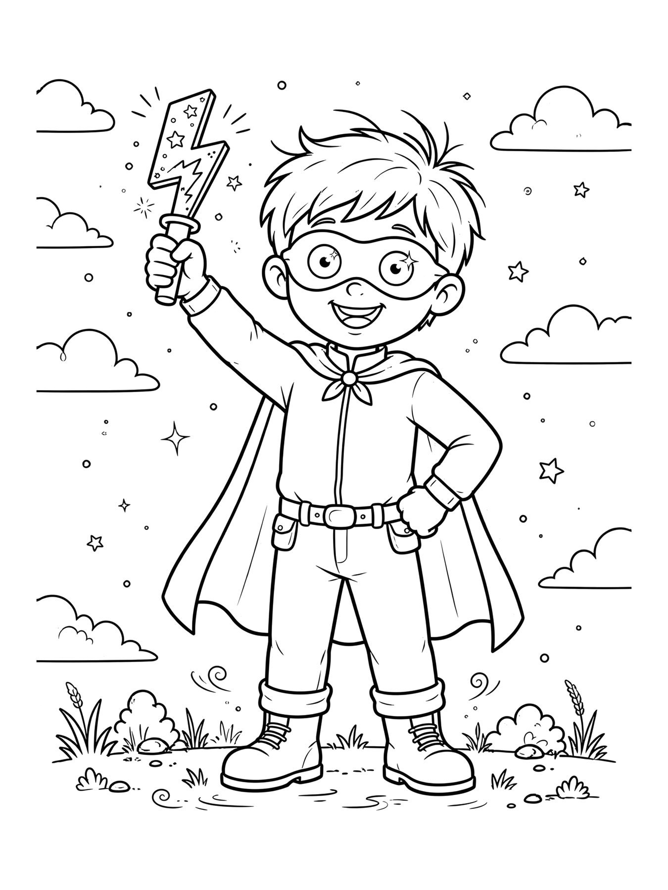 Desenho de herói original segurando um raio de brinquedo para colorir