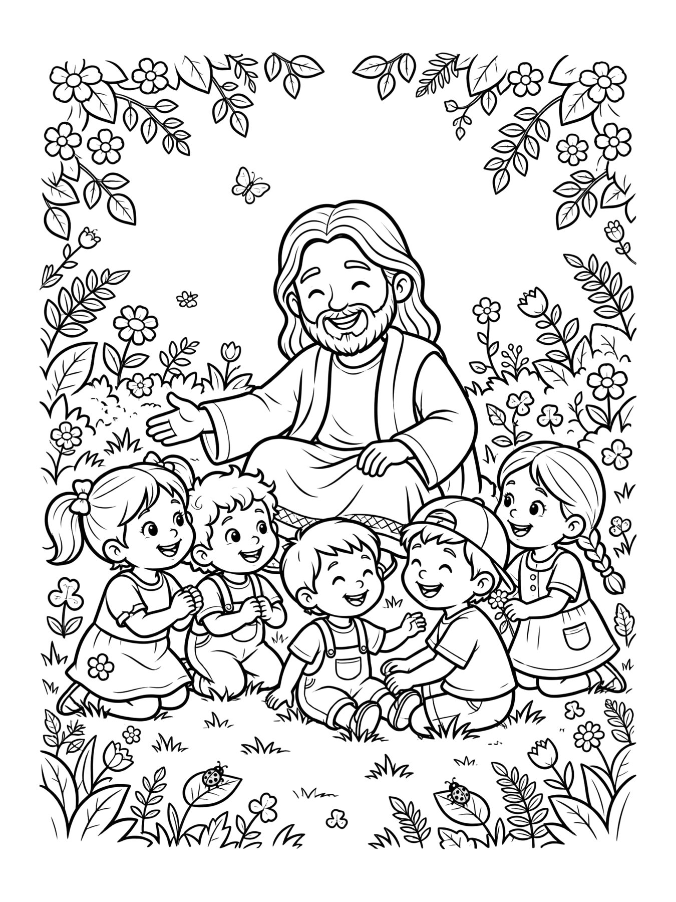 Desenho de jesus com as crianças para colorir