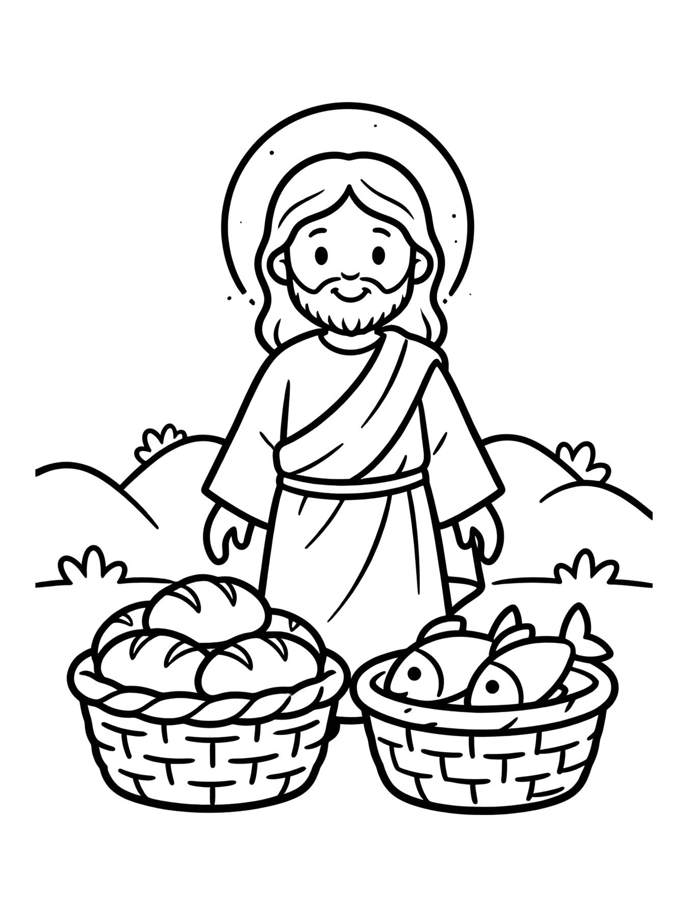 Desenho de jesus e os pães e peixes para colorir