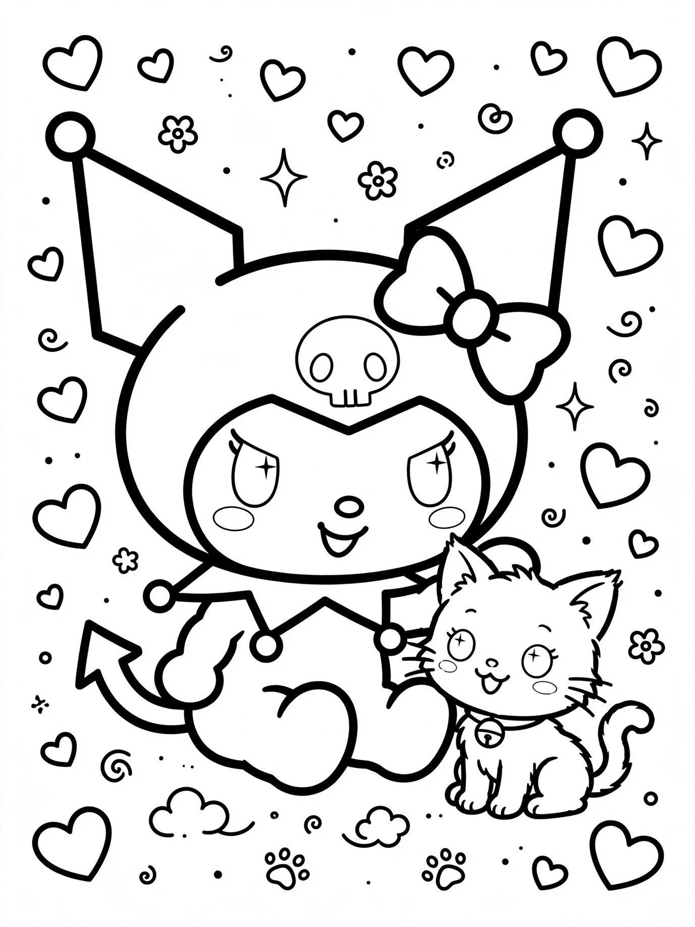 Desenho de Kuromi com gatinho para colorir