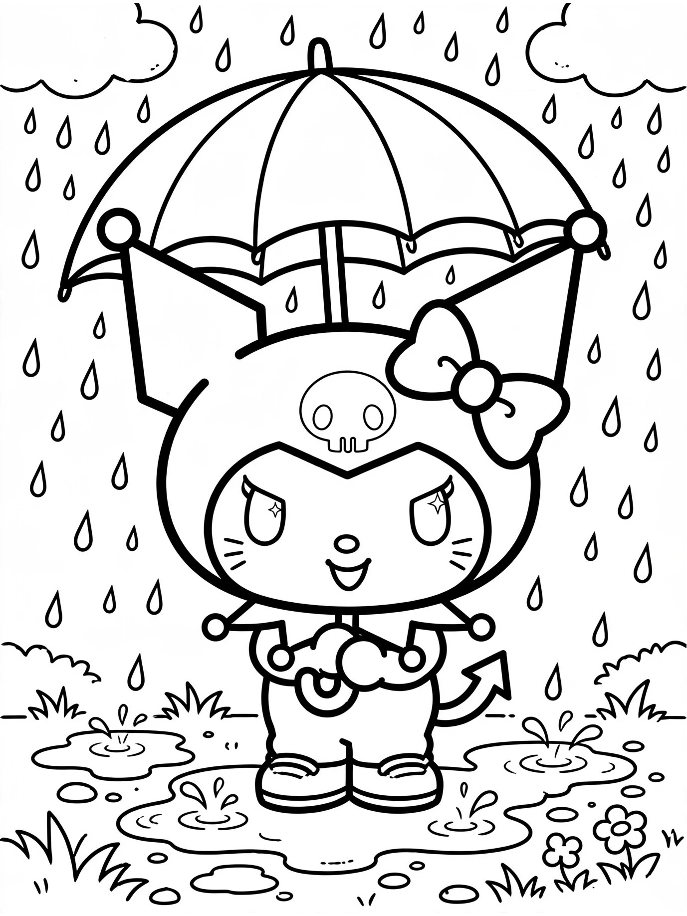 Desenho de Kuromi com guarda chuva para colorir