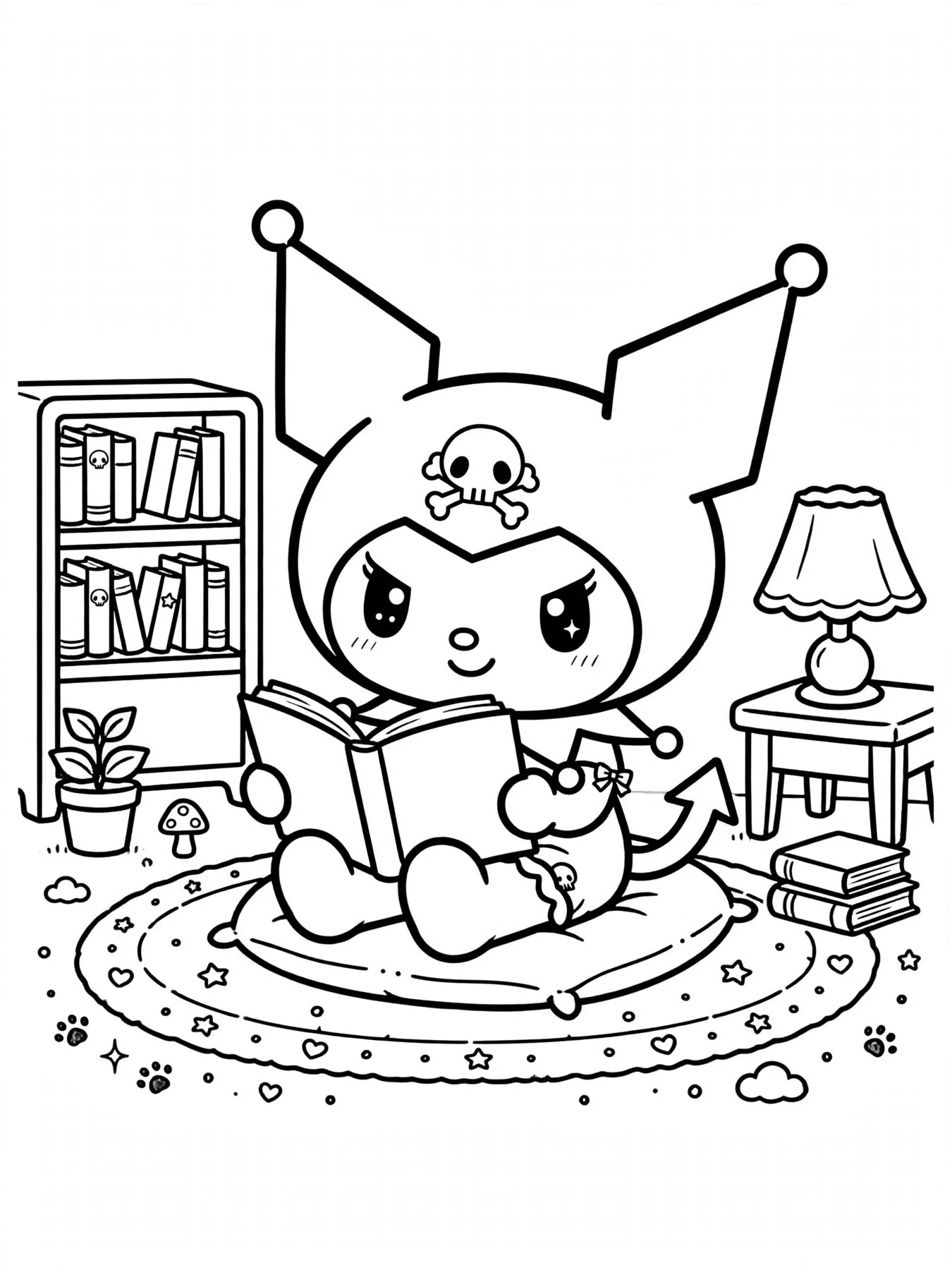 Desenho de Kuromi lendo livro para colorir