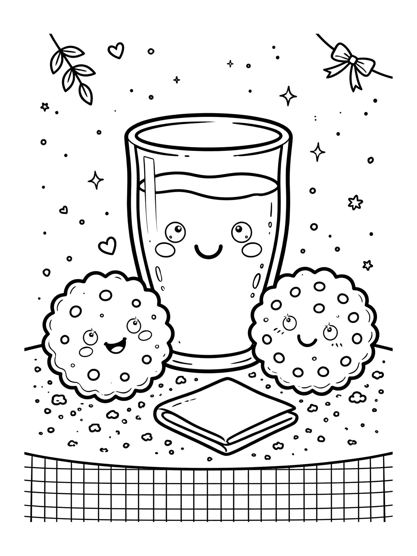 Desenho de leite com biscoito fofos para colorir