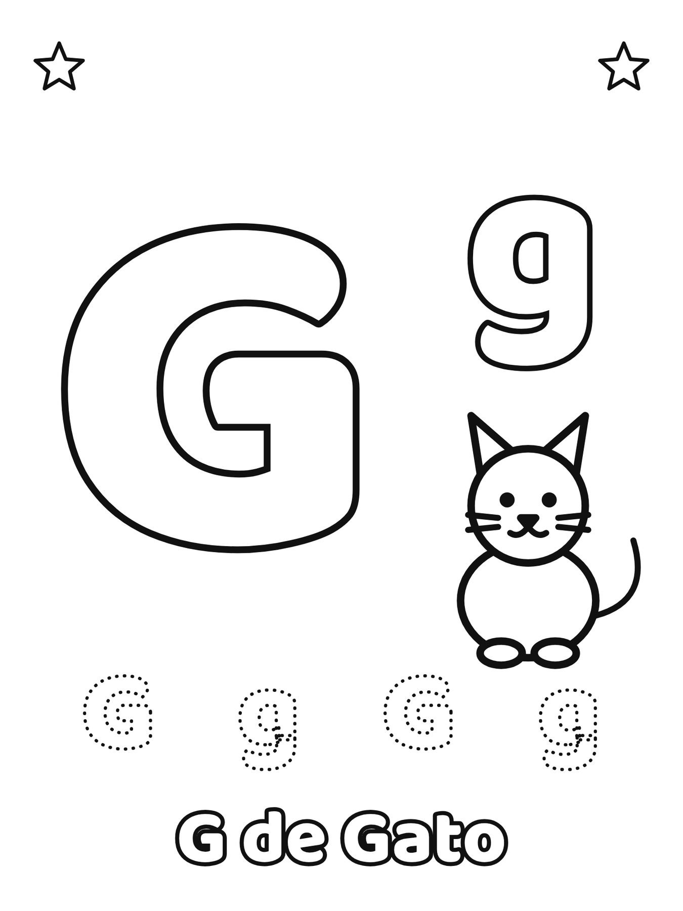 Letra G maiúscula e minúscula para colorir com a palavra Gato