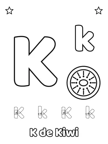Letra K maiúscula e minúscula para colorir com a palavra Kiwi