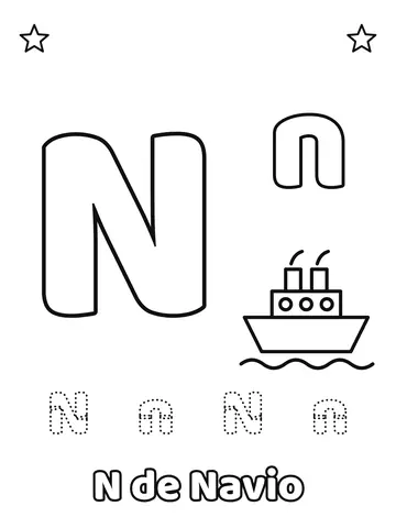 Letra N maiúscula e minúscula para colorir com a palavra Navio