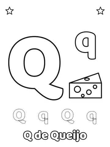 Letra Q maiúscula e minúscula para colorir com a palavra Queijo