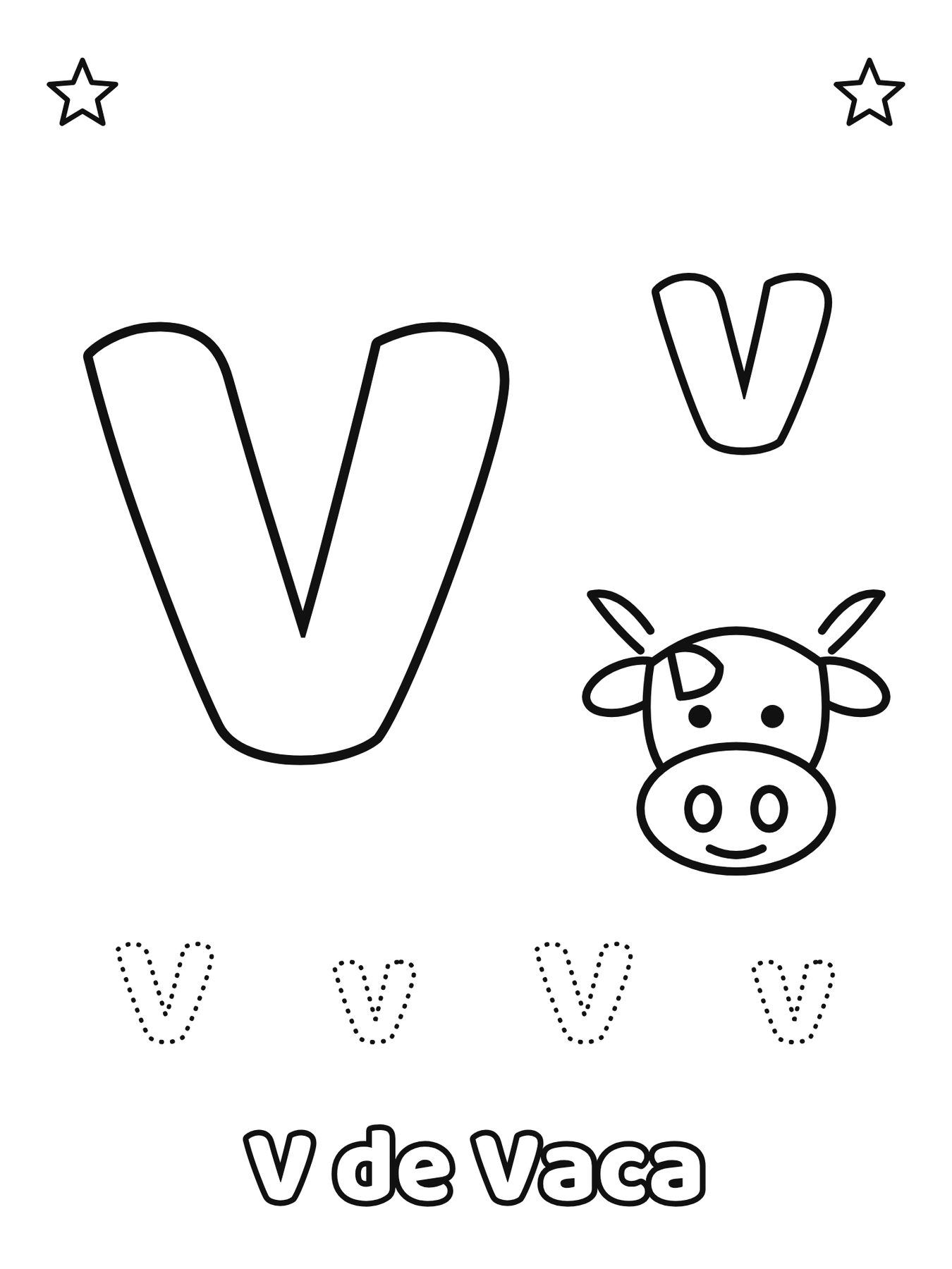Letra V maiúscula e minúscula para colorir com a palavra Vaca