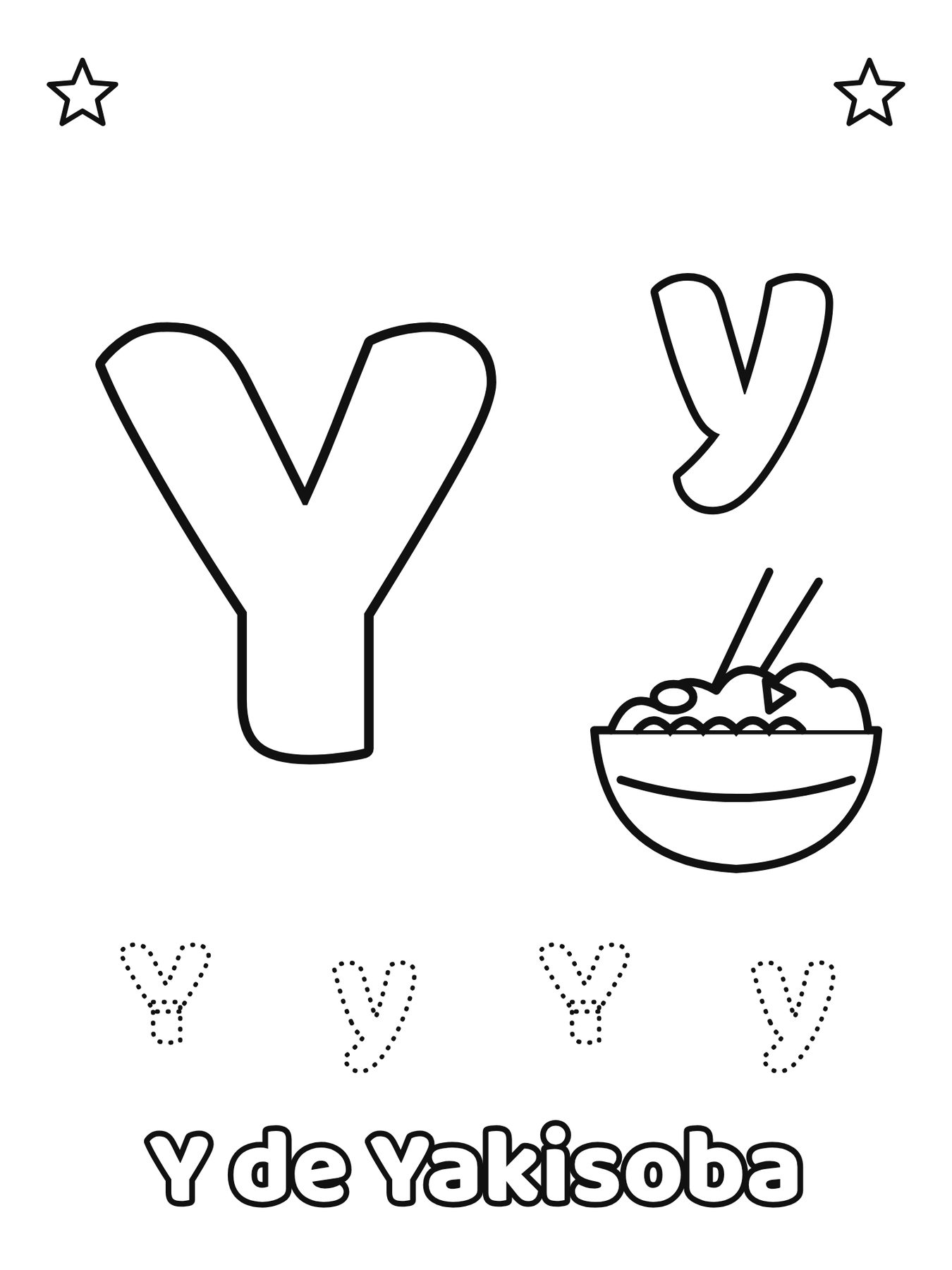 Letra Y maiúscula e minúscula para colorir com a palavra Yakisoba