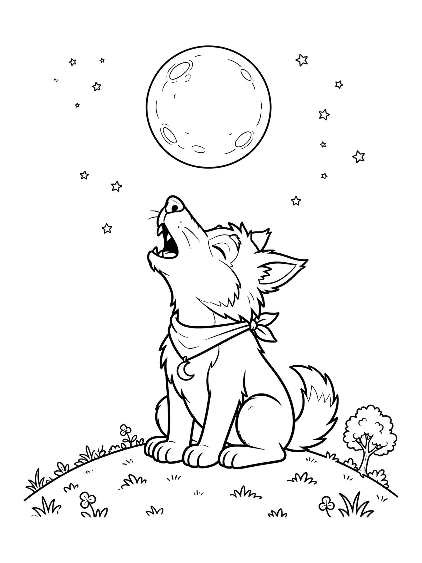 Desenho de lobisomem fofo na lua cheia para colorir