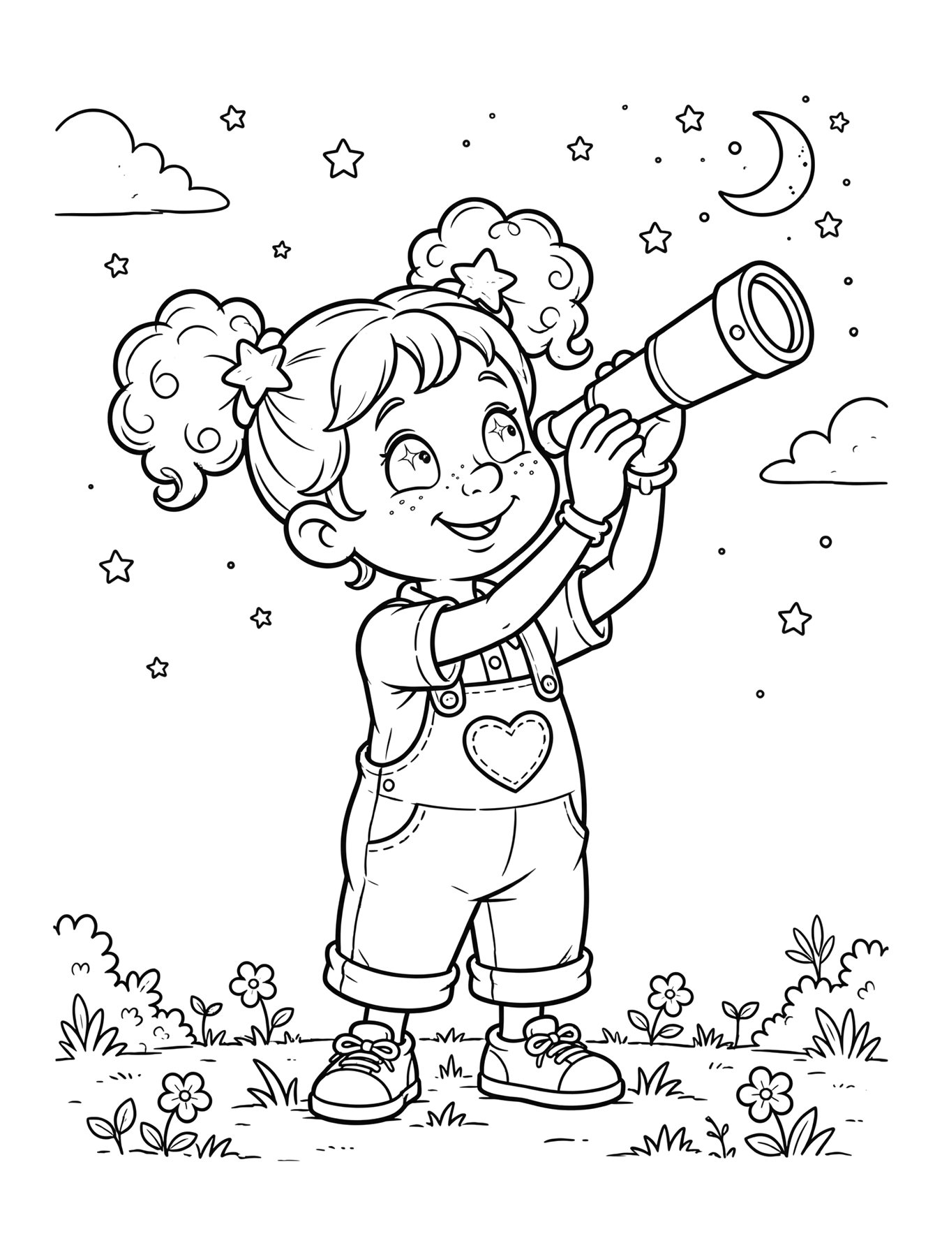 Desenho de lumi olhando as estrelas com uma luneta para colorir
