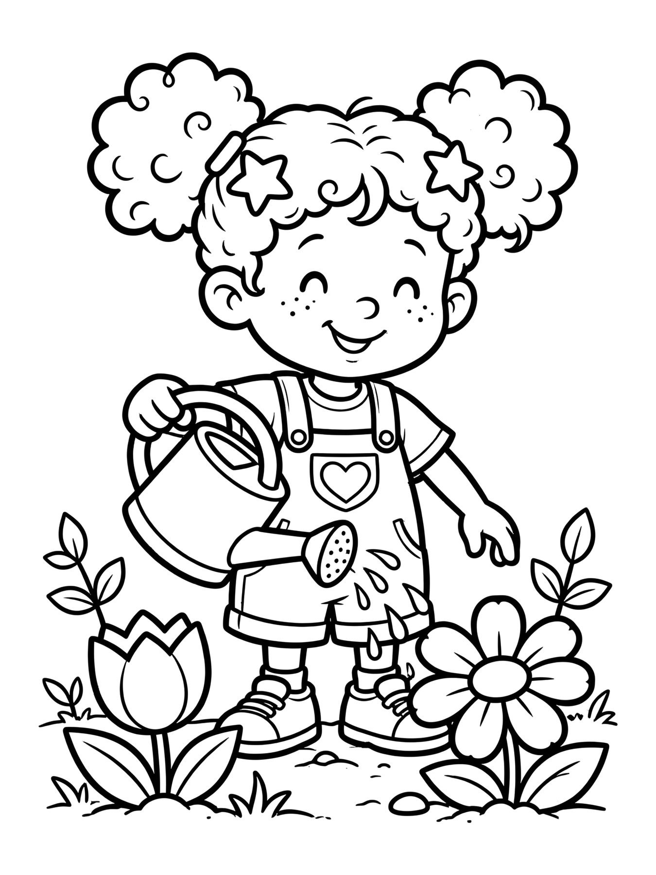 Desenho de lumi regando flores no jardim para colorir