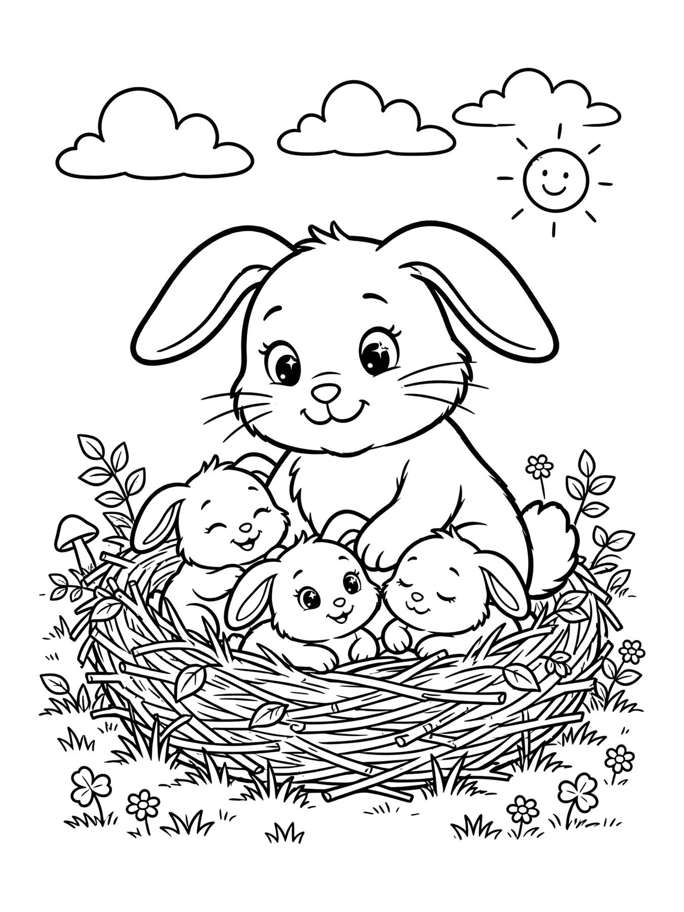 Desenho de mãe coelha com filhotes para colorir
