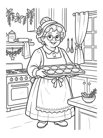 Desenho de mamãe Noel com bandeja de biscoitos para colorir