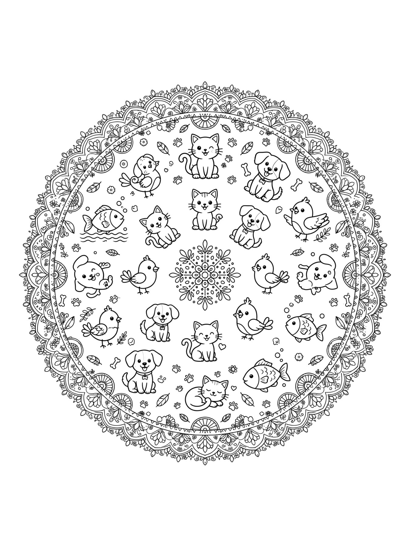 Desenho de mandala de animais para colorir