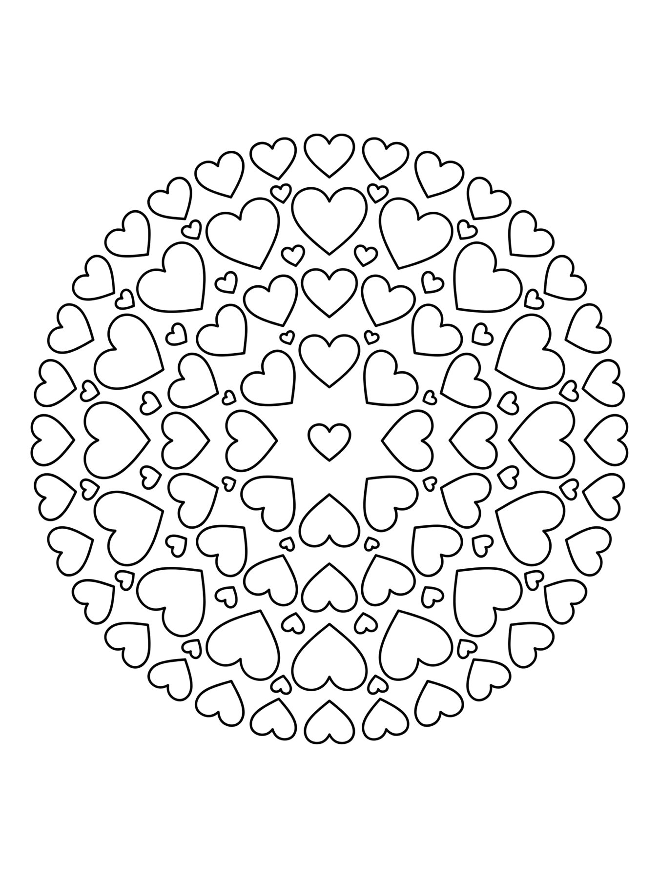 Desenho de mandala de corações para colorir