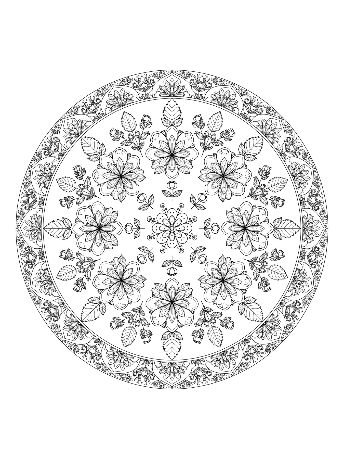 Desenho de mandala de flores detalhada para colorir