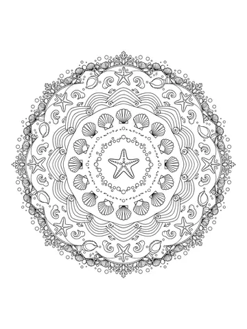 Desenho de mandala de oceano com conchas para colorir