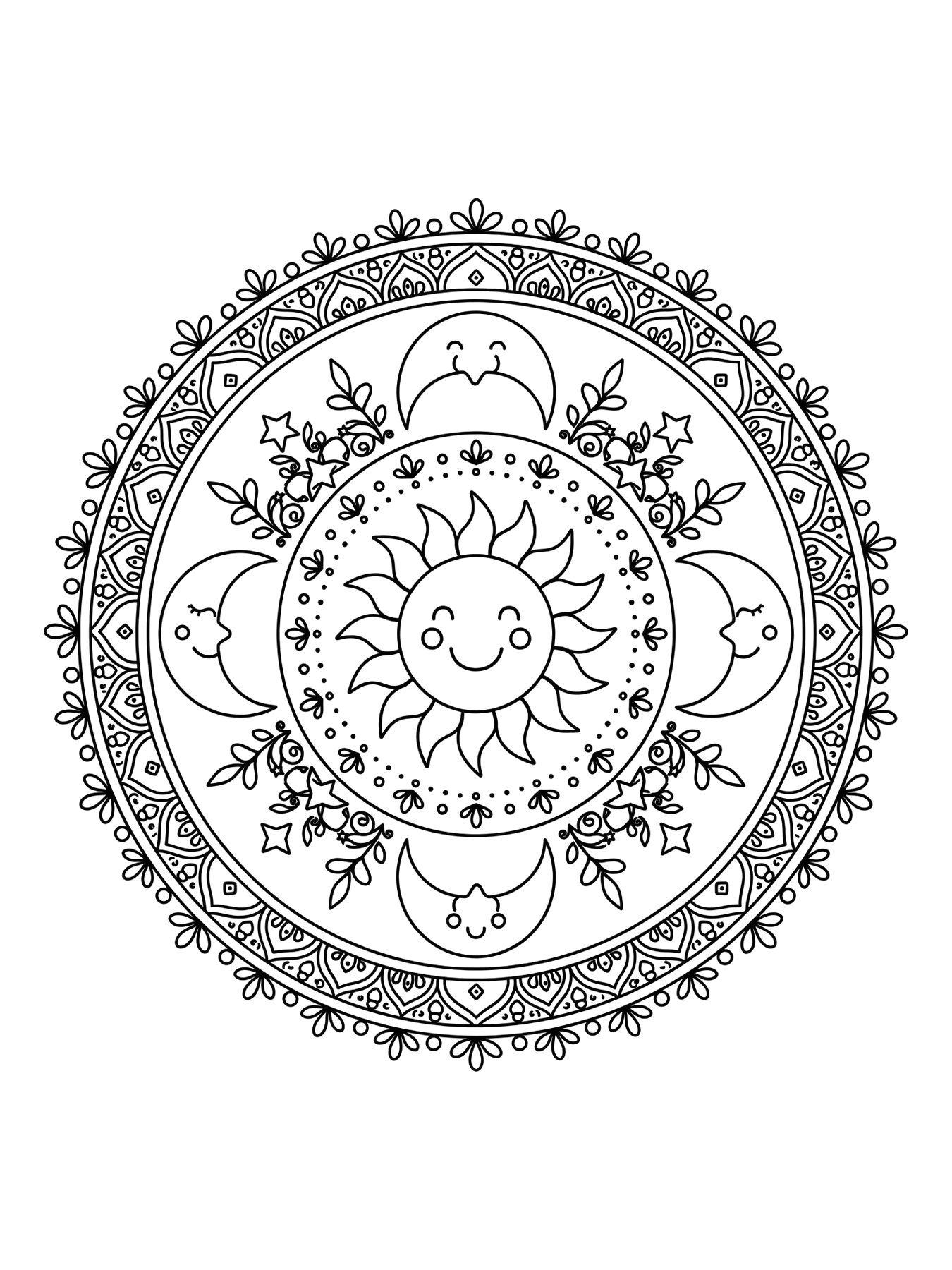 Desenho de mandala de sol e lua para colorir