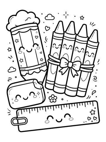 Desenho de material escolar kawaii para colorir