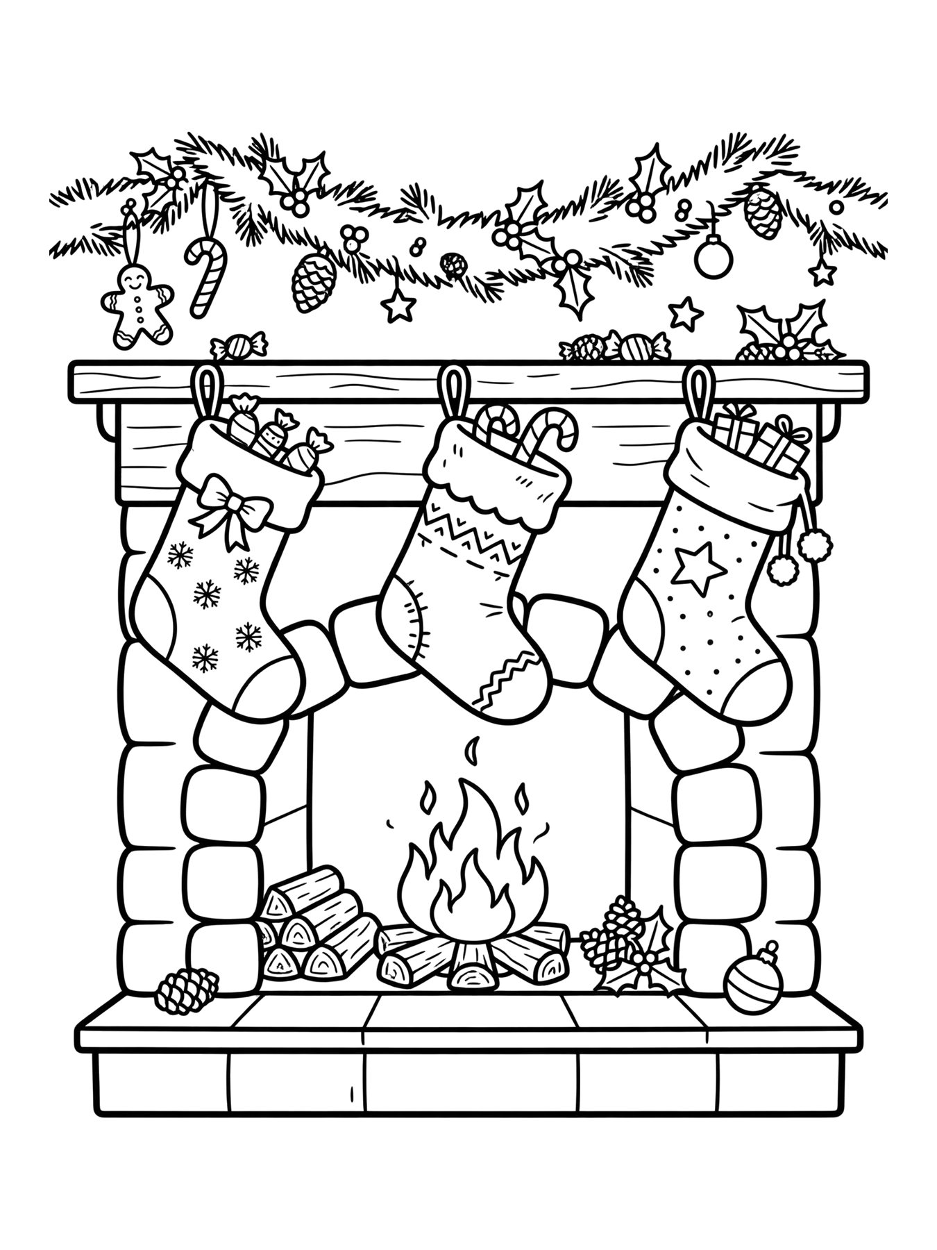Desenho de meias penduradas na lareira para colorir