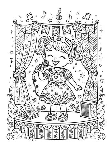 Desenho de menina cantora com microfone para colorir