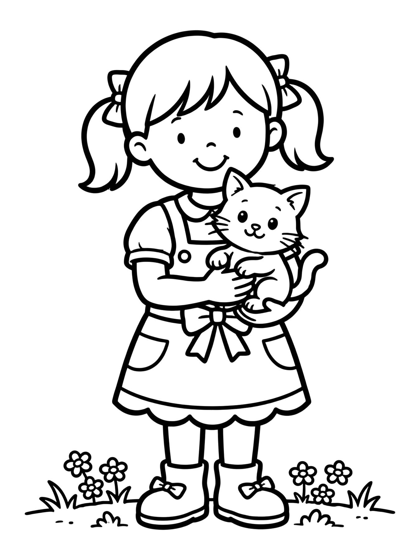 Desenho de menina com gatinho no colo para colorir